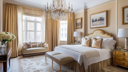 High-end bedroom with golden furniture and a grand chandelier as the focal points, paired with soft neutral walls for a sophisticated backdrop.