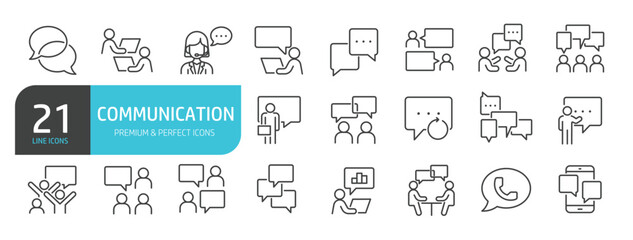 Set of line icons related to communication, speak, speech, talk. Outline icons collection. Editable stroke. Vector illustration.