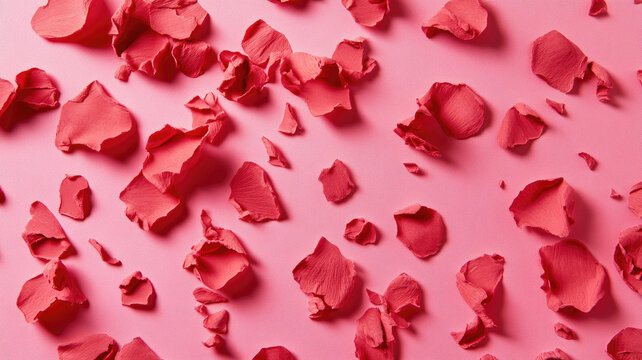 Rose Petals Scattered: A romantic and artistic arrangement of scattered rose petals on a soft pink background, creating a delicate and textured pattern. Perfect for Valentine's Day.