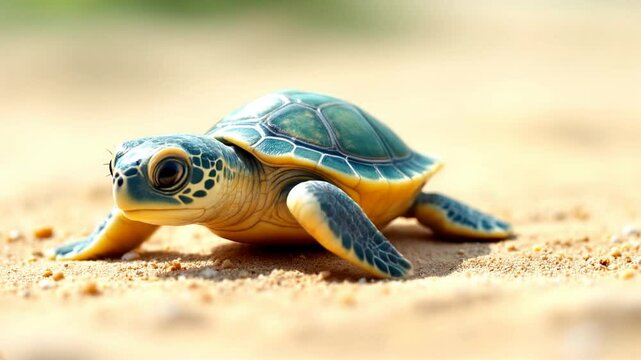 Baby sea turtle beach crawl, ocean background, nature