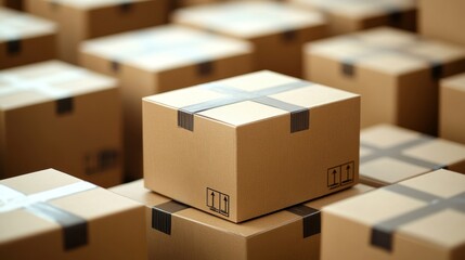Fototapeta premium a close-up shot of many cardboard boxes stacked together. The boxes are all the same size and are taped shut