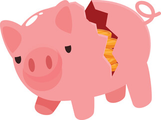Pink piggy bank is broken revealing gold coins inside, representing savings, investment, and financial security