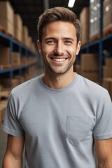 smiling man in a warehouse with boxes on shelves