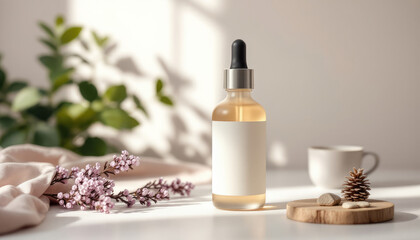 Amber Glass Dropper Bottle with Blank Label, Botanicals, and Soft Light