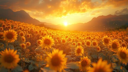 Fototapeta premium A breathtaking sunset over a vibrant sunflower field, showcasing the golden hues and natural beauty of a tranquil landscape.