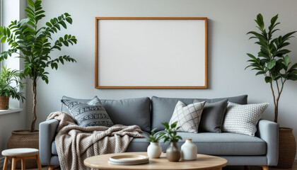 Modern living room with gray sofa, large wooden frame, and potted plants.