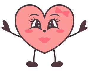 Pink heart female character. Young woman with arms and legs. Smile on face, bow decoration, eyelashes. Color vector illustration. Isolated white background. Kawaii style. Joyful emotions. 