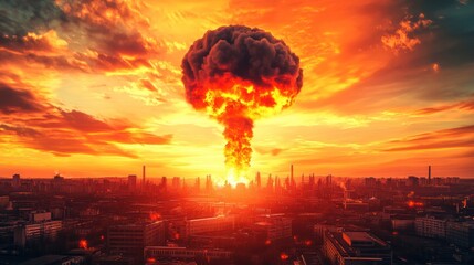 A dramatic nuclear explosion over a city skyline at sunset, evoking themes of destruction.