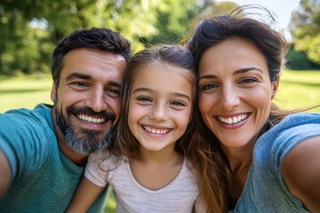 Obraz premium A happy family is joyfully taking a selfie together in a park