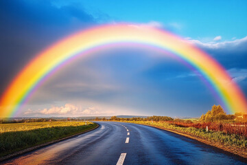 Colorful rainbow arches over winding road near grassy hills after a rainstorm during late afternoon