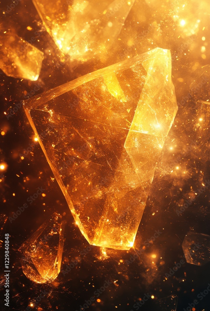 Poster glowing amber crystal fragment surrounded by sparkling light and depth in abstract background for cr