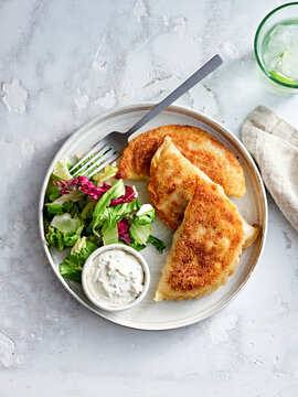 Crispy chebureks are plated next to a vibrant salad, accompanied by a creamy dip. The dish is beautifully arranged, showcasing appetizing colors and textures