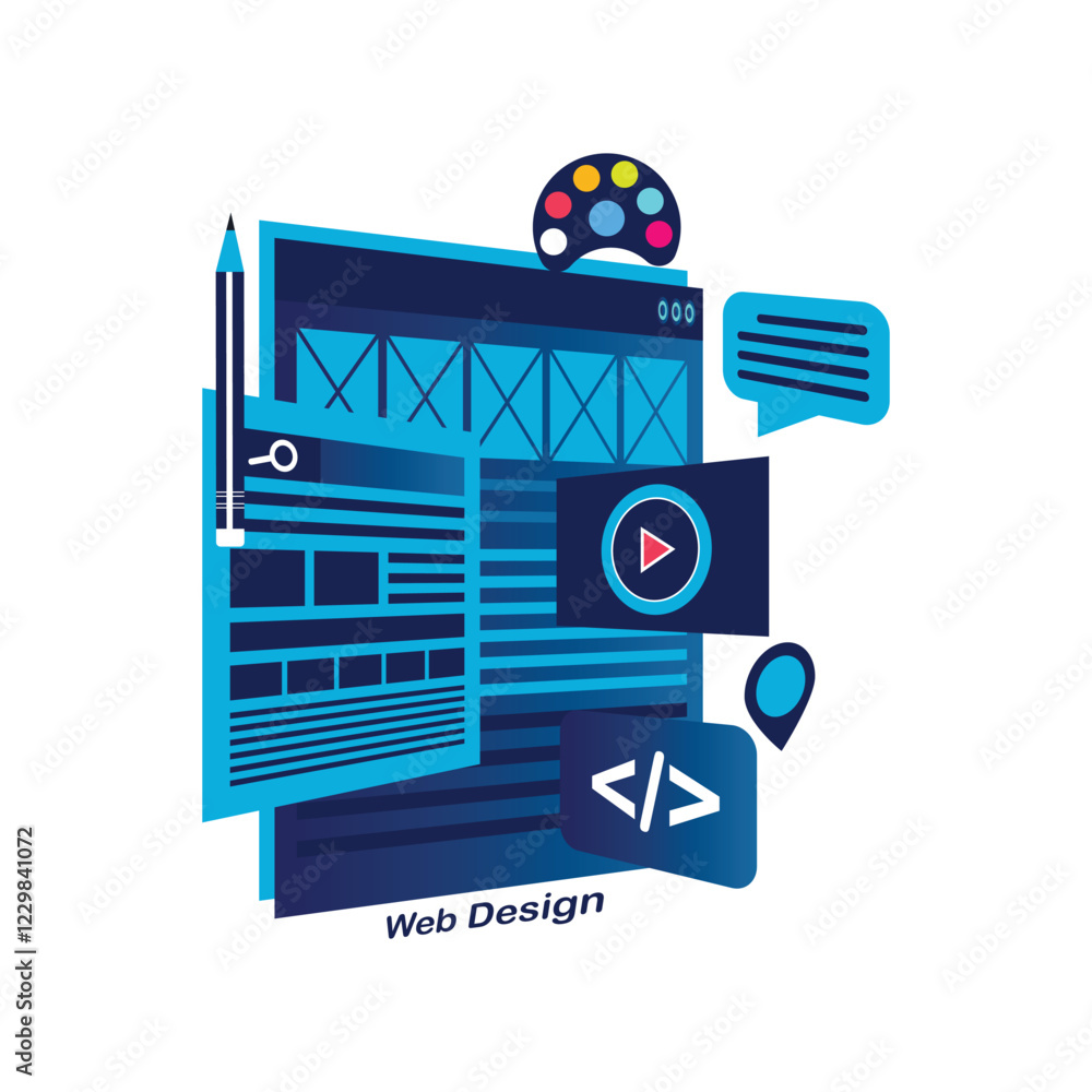 Poster web design isometric concept, website page development. template landing page for website