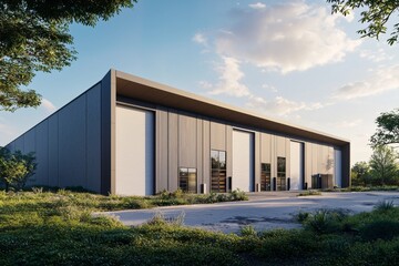 modern logistics warehouse building showcasing a large roof with solar panels, wide entrances, and a functional design that emphasizes efficiency and sustainability