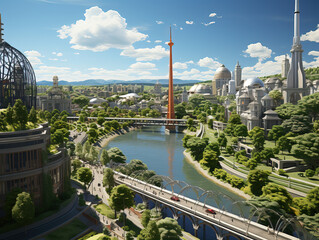 Obraz premium Dreamy Futuristic Cityscape, A Serene World of Floating Islands and Glowing Clouds