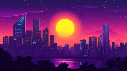 Vaporwave Cityscape with a large sun and a purple night sky filled with stars