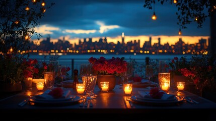  romantic rooftop valentine’s day dinner with candlelit table, roses, and city skyline under a starry night
