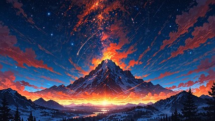 A breathtaking sunset paints the sky with vibrant colors as shooting stars streak across a majestic mountain peak.