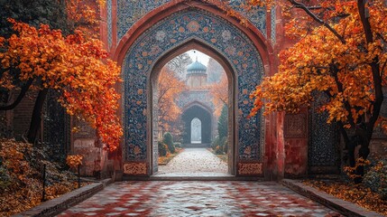 Obraz premium Autumnal archway garden path, misty day, Central Asian architecture, travel tourism
