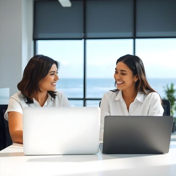 Dos mujeres hispanas est&aacute;n sentadas en una oficina, mirando juntas sus computadoras port&aacute;tiles y conversando. Las mujeres est&aacute;n sonriendo. Una mujer tiene el pelo corto y la otra tiene el pelo largo. 