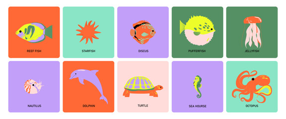 Sea marine cards with cute underwater animals. Ocean fishes, kawaii animals, poster design. Sealife postcards. Kids flat vector illustrations.