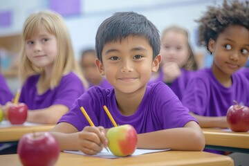 Young girls are at a classroom table writing in notebooks
