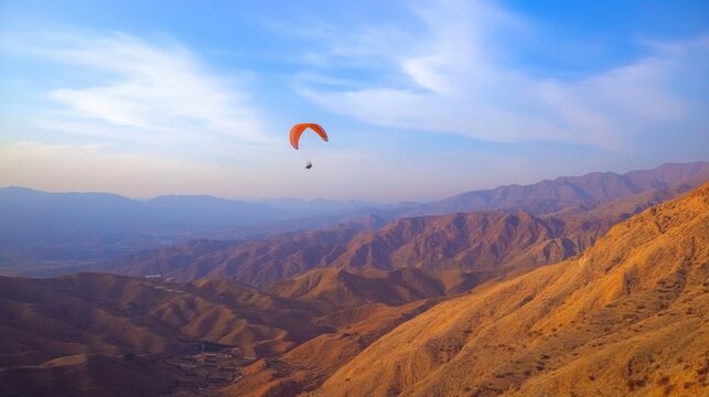 Paraglider Soaring Over Beautiful Mountain Landscape at Dusk