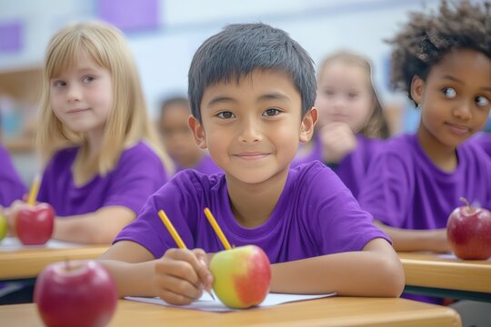 Young girls are at a classroom table writing in notebooks