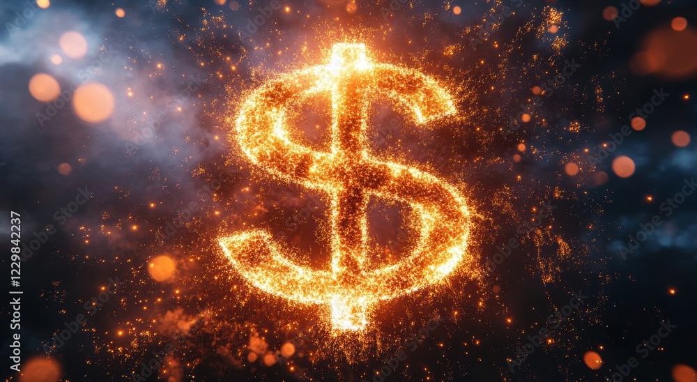 Poster glowing dollar sign made of sparkling lights and particles on dark background representing wealth an
