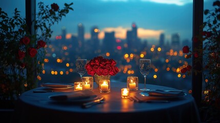  romantic rooftop valentine’s day dinner with candlelit table, roses, and city skyline under a starry night