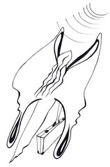 Travel illustration. Silhouette of flying young girl with butterfly wings. Isolated black and white flat graphic drawing. Funny cartoon outline of fairy flying away with a large travel suitcase.