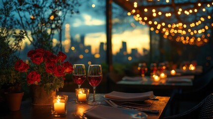  romantic rooftop valentine’s day dinner with candlelit table, roses, and city skyline under a starry night
