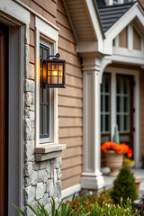 Captivating Home Exterior: Architectural Details and Evening Lighting