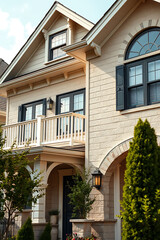 Naklejka premium Elegant Beige Brick House Exterior with Balcony and Landscaping