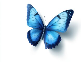 A beautiful blue butterfly is gracefully flying on a white background