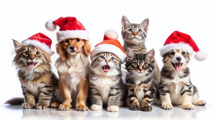 Adorable Christmas Puppies & Maine Coon Kittens in Santa Hats - Festive Panorama Stock Photo