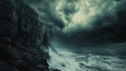 A dramatic seascape with stormy skies and crashing waves against rocky cliffs.