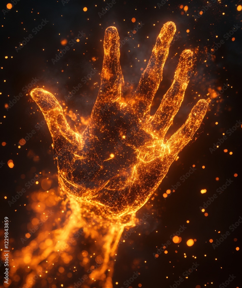 Poster glowing hand with sparks and particles in dark background creating a magical and mystical atmosphere