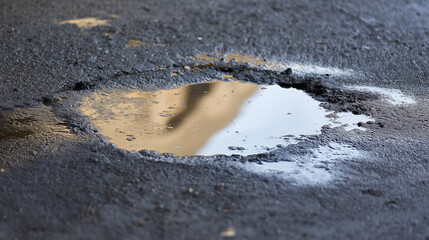 Puddle reflecting golden sunset sky. Perfect for urban photography, weather elements, and abstract reflections.
