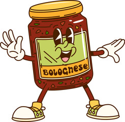 Cartoon groovy Bolognese sauce glass jar character with happy face, vector emoji. Groovy Bolognese sauce character in retro cartoon with funky happy smile laughing for Italian cuisine or pasta emoji
