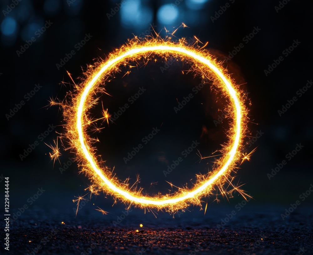 Poster glowing sparking circle in dark background creating magical atmosphere with bright light trails and 