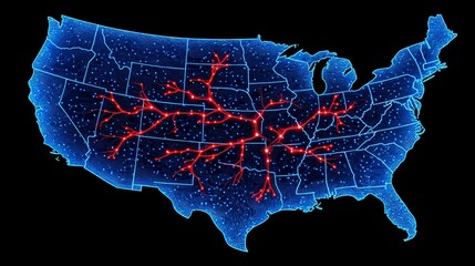Digital USA Network Connectivity and Data Integration Visualized with Glowing Lines on Blue Map