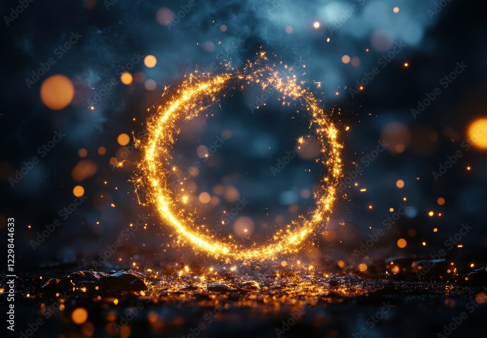 Poster glowing sparkling circle in dark environment with ethereal light and tiny particles creating an ench