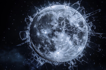 Obraz premium A surreal lunar landscape featuring a shattered moon on a desolate surface with a backdrop of swirling clouds and stars