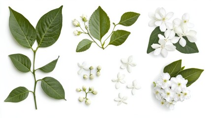 Obraz premium White Flowers & Green Leaves Flatlay - Flatlay Photography