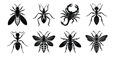Set of insects silhouettes. Vector illustrations poisonous insects isolated on white background