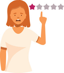 Young woman giving one star rating in online survey, expressing her disapproval and negative feedback