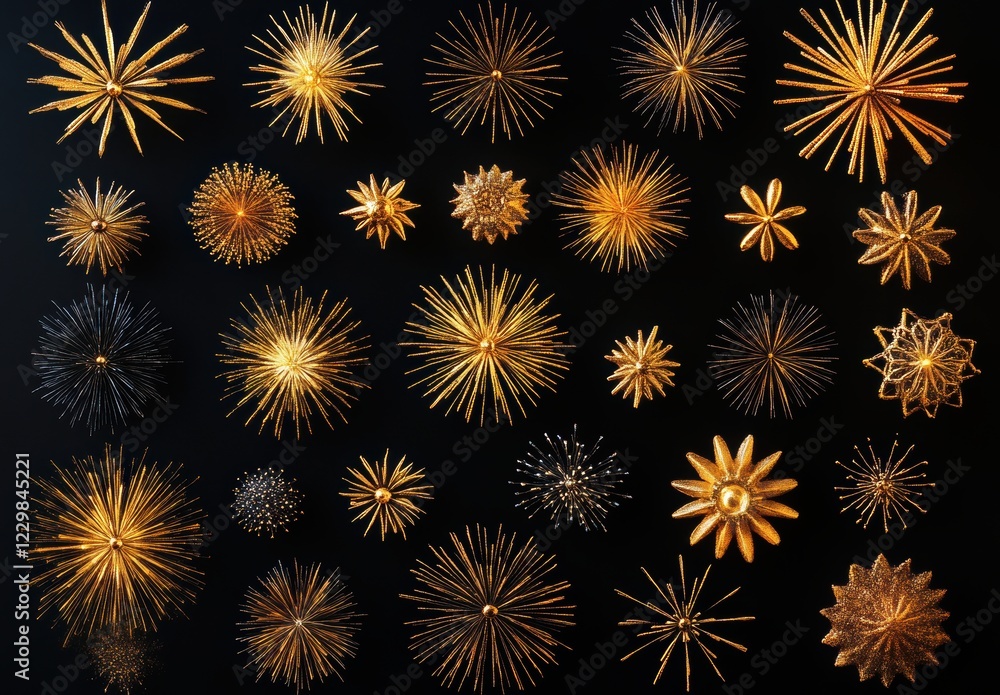 Poster golden decorative elements featuring various starburst shapes and patterns on a black background ide