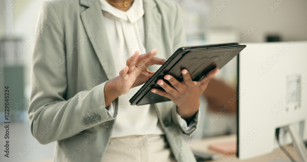 Poster hands, office or business woman with tablet networking online for research or report in digital agen