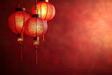 Festive Chinese Lanterns Illuminated for the New Year Celebration in Bold Red Background